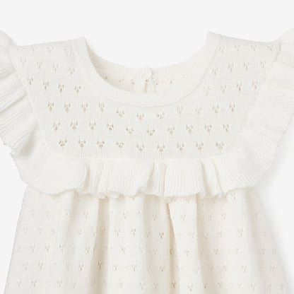 White Pointelle Flutter Sleeve Knit Baby Dress